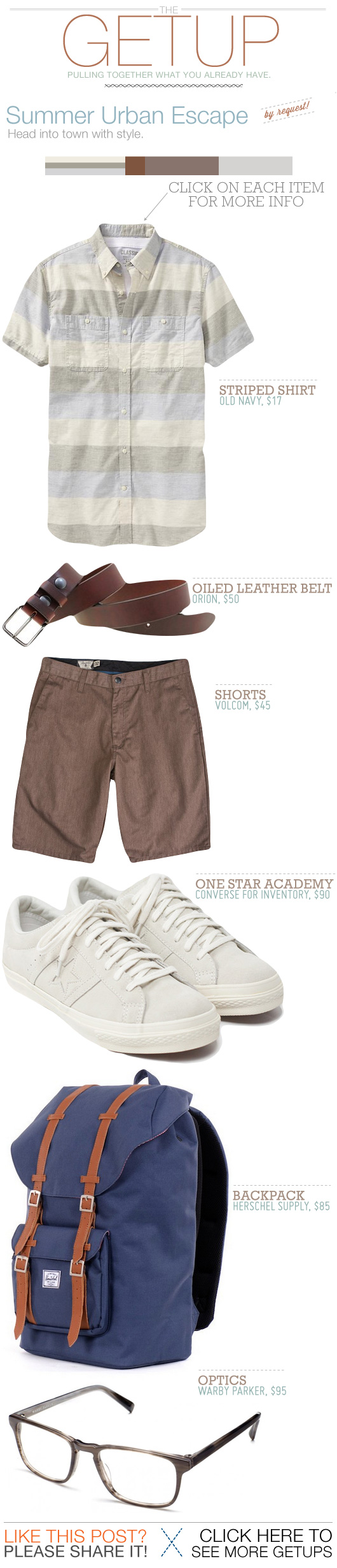 Getup Summer Urban Escape - striped shirt, brown shorts, white sneakers