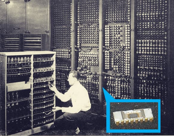 The Intel 4004 chip, compared to the ENIAC.