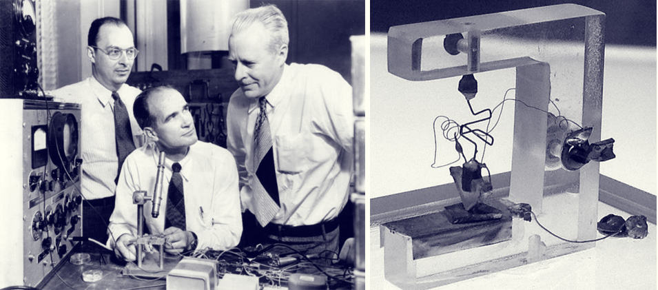 Left: The inventors of the transistor at Bell Labs, John Bardeen, William Shockley and Walter Brattain in 1948. Right: The first transistor