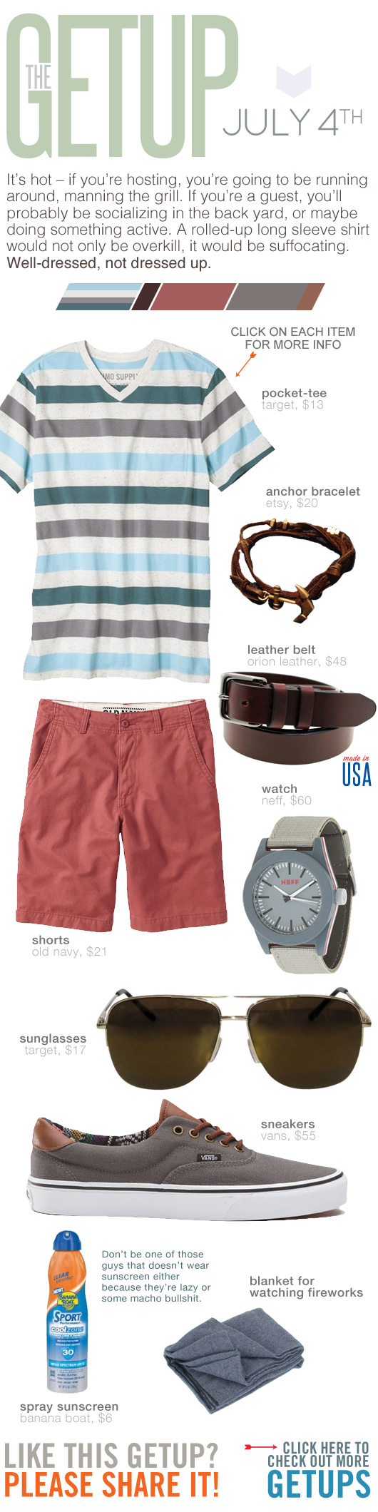 Getup July 4th - Striped t-shirt, pink shorts, gray sneakers