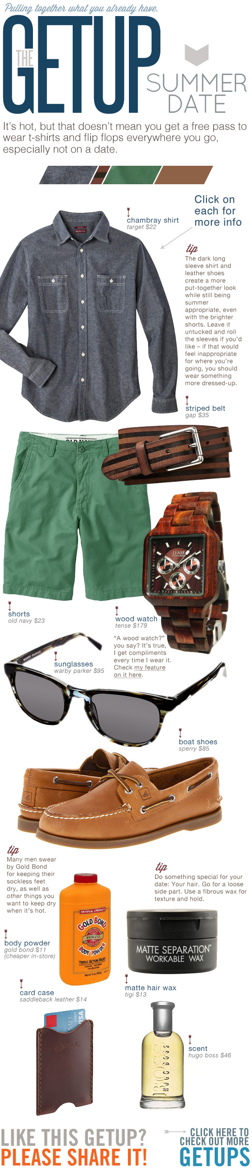 Getup Summer Date - Blue Shirt, Green Shorts, wooden watch, sunglasses