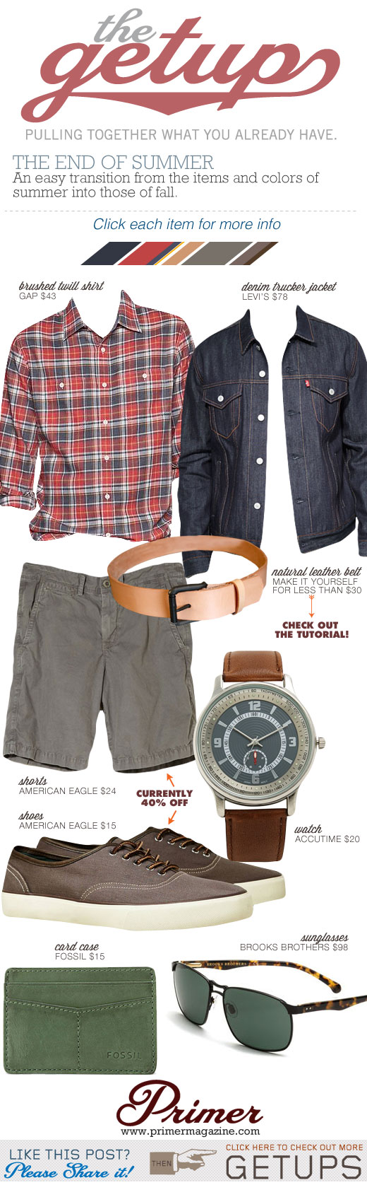Getup End of Summer - Denim trucker jacket, red plad shirt, gray shorts, tan belt