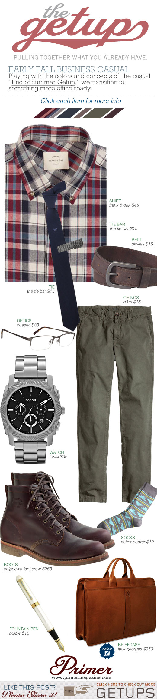 Getup - Early Fall Business Casual - Red plaid shirt, blue tie, olive chinos, glasses