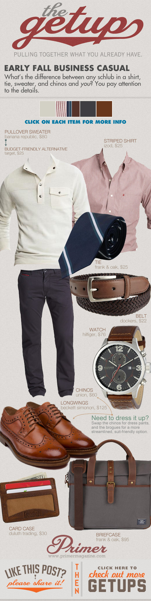Early Fall Business Casual Getup - white sweater, pink shirt, blue tie, gray pants