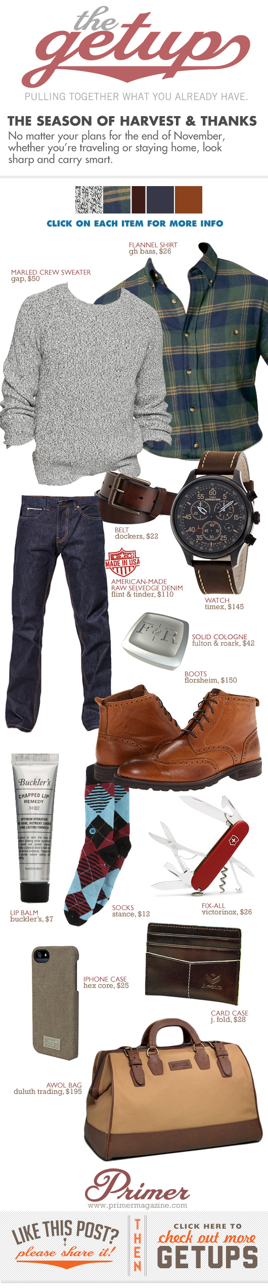 Getup Season of Harvest and Thanks - Gray sweater, plaid shirt, blue jeans, wingtip boots