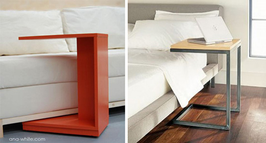 Side tables next to couches and bed