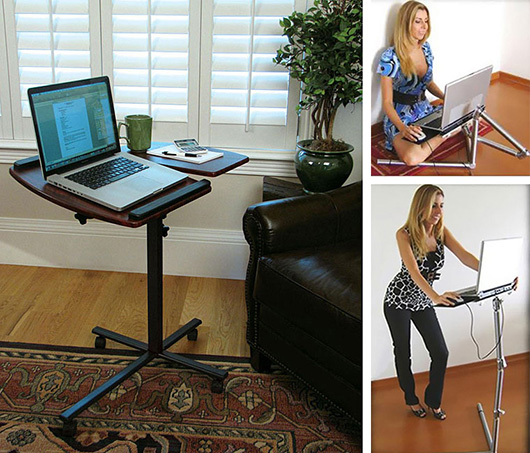 A standing desk, with woman sitting and standing