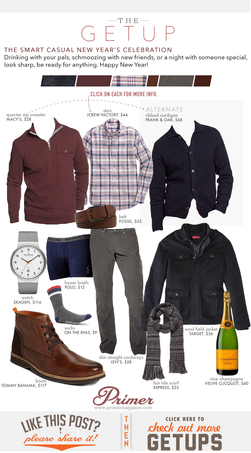 Getup Smart Casual New Year\'s Celebration - 2 sweater options, button up shirt, gray pants and brown boots