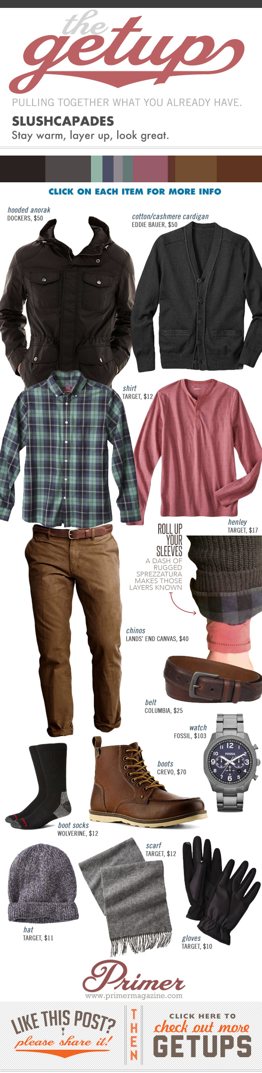 Getup Slushcapades - Winter outfit with jacket, plaid shirt, red henley, brown pants, and boots