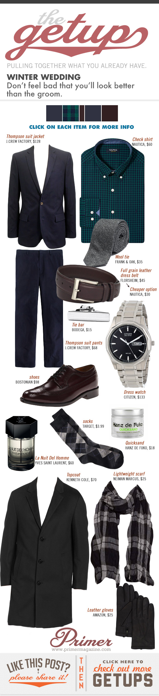 Getup Winter Wedding - Navy suit, Green shirt, gray tie, brown shoes