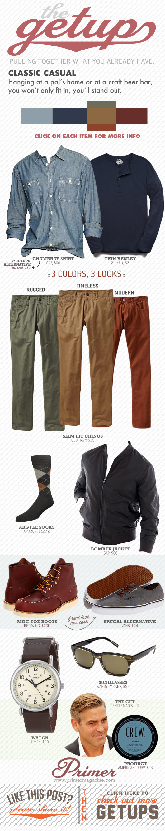 Classic casual Getup - Outfit with 3 colors for pants, green khaki, and orange