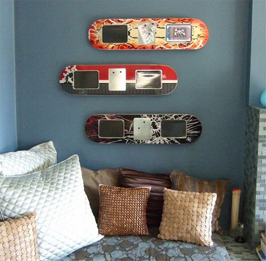 A room with skateboards on the wall