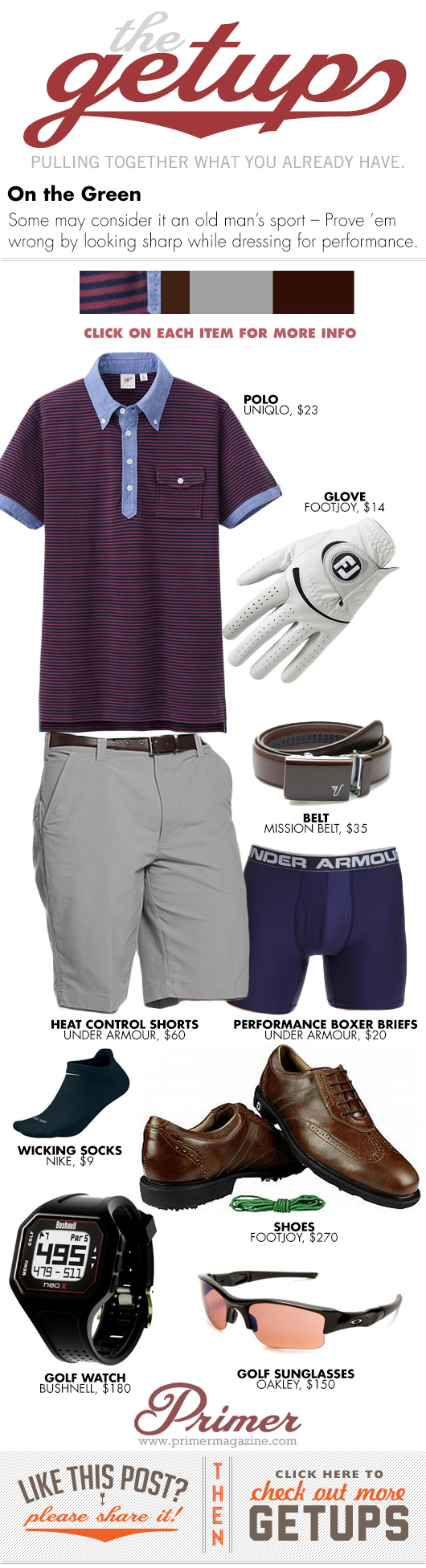 Getup On the Green - polo golf glove, gray pants, golf shoes
