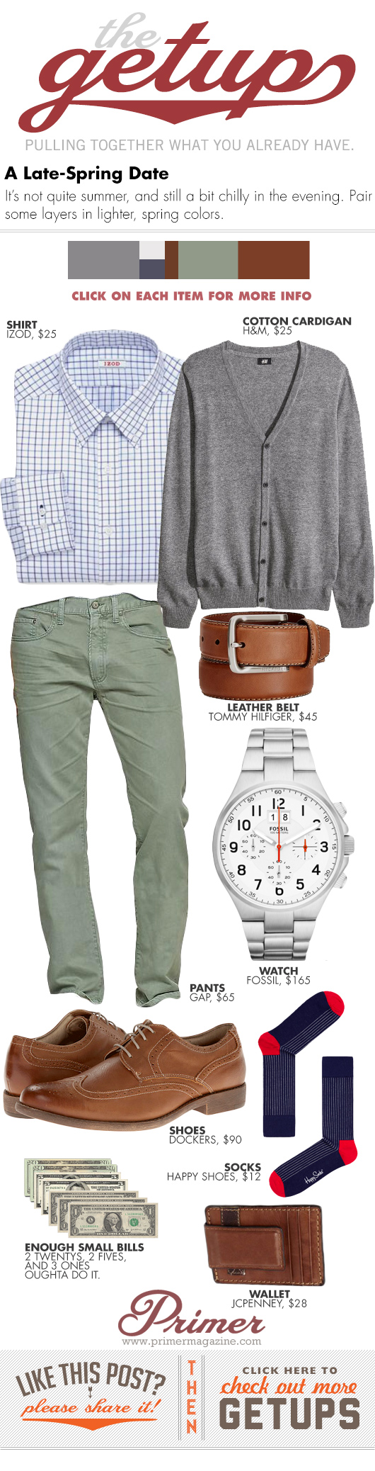 Getup Late Spring Date - Cardigan sweater, check shirt, green pants