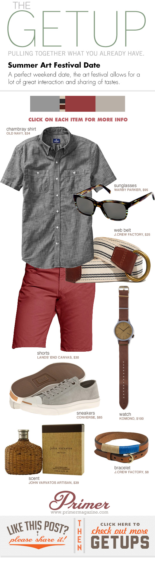 Getup Summer Art Festival - Gray shirt, web belt, red shorts, gray sneakers