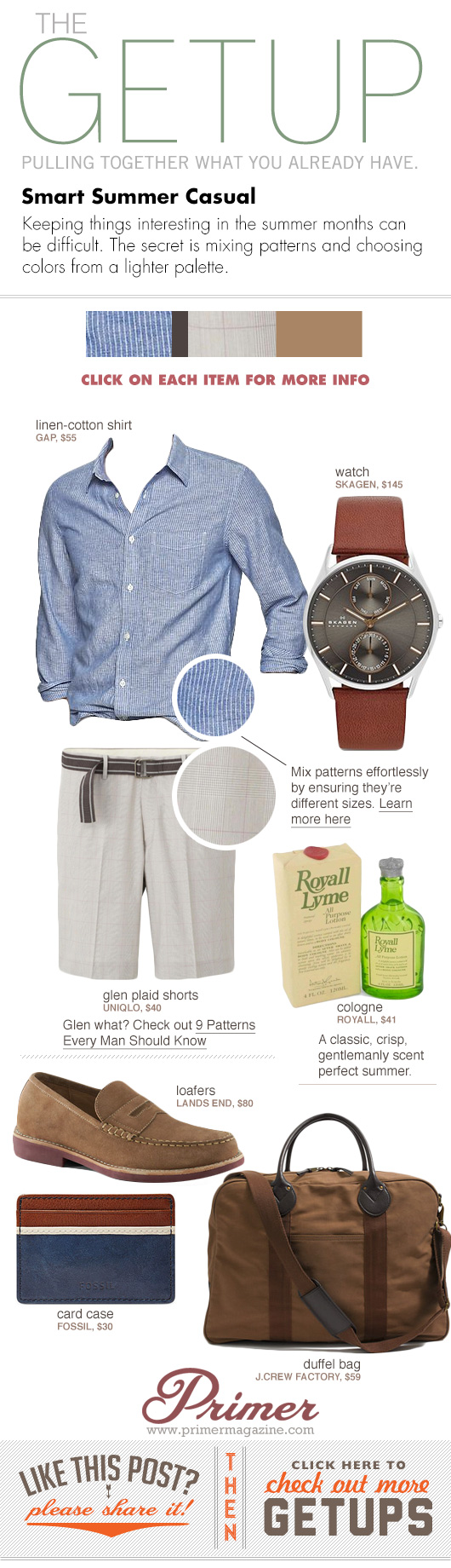 Getup Smart Summer Casual - striped shirt, linen shorts, suede loafers