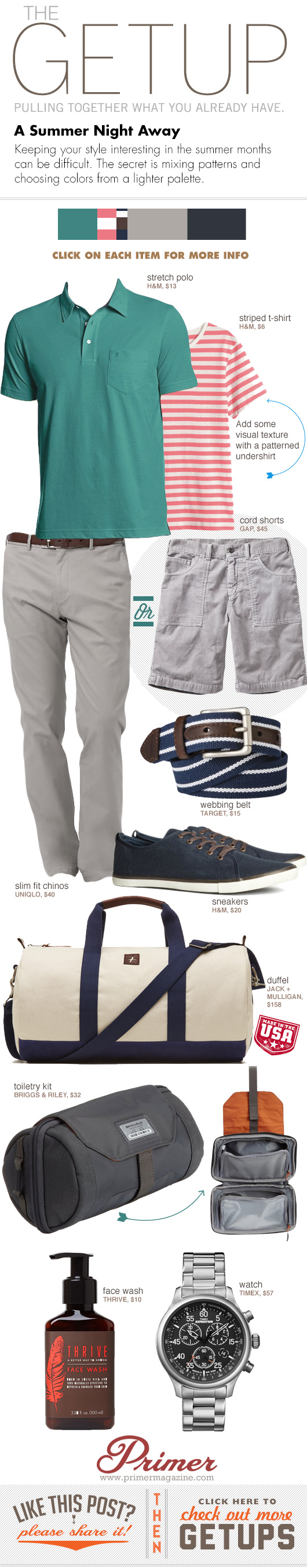 Getup Summer Night Away - Green polo, striped tshirt, gray pants or shorts, and blue sneakers