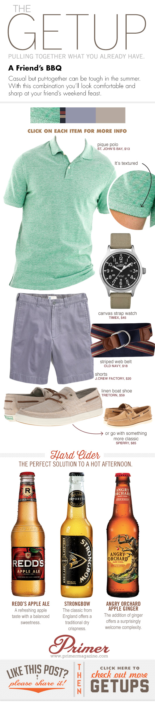 Getup A Friend\'s BBQ - Green polo, blue shorts, tan boat shoes