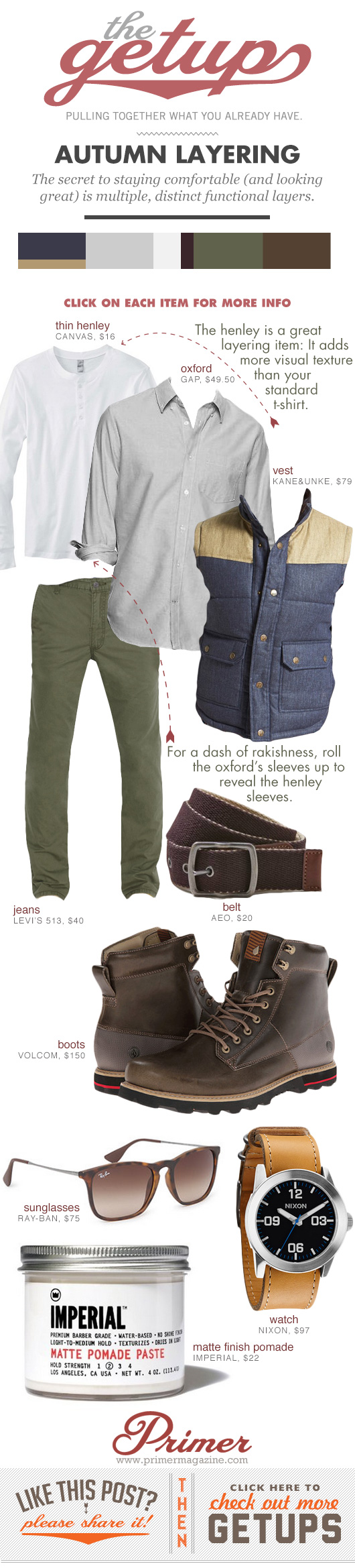 Getup Autumn Layering - Vest, button up shirt, green pants, chunky boots