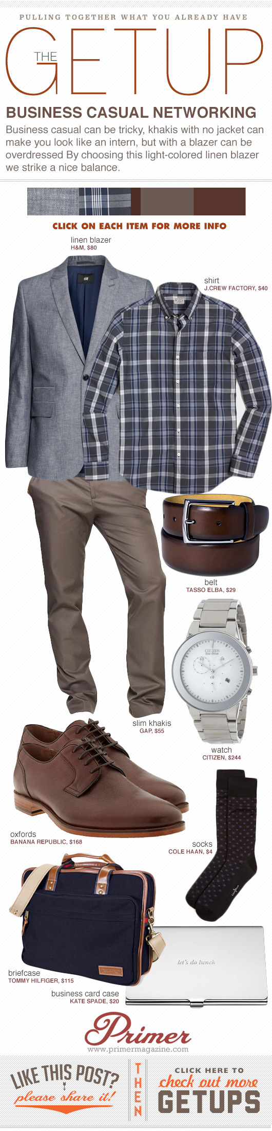 Getup - Business Casual Networking outfit - blazer, plaid shirt, brown pants