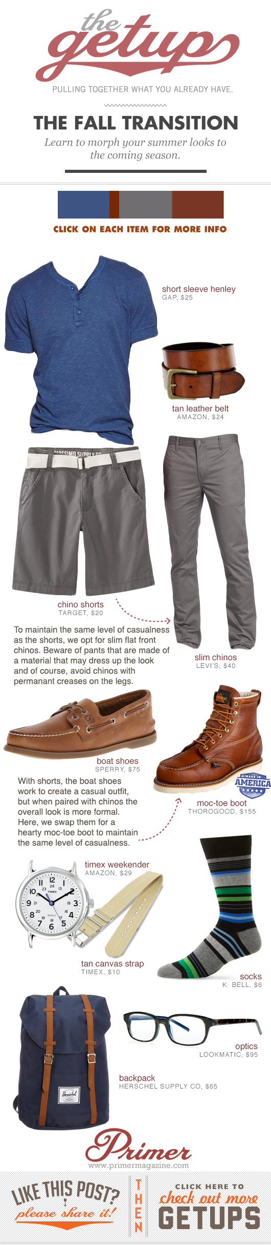 Fall Transition Getup - blue henley, gray shorts or pants, boat shoes or boots