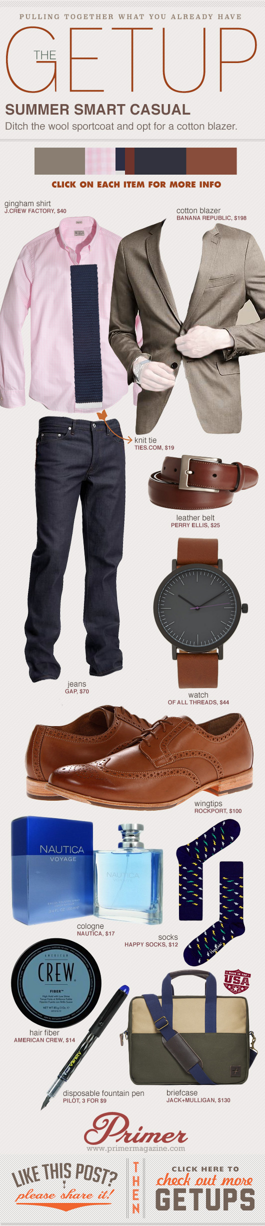 Getup Summer Smart Casual - Blazer with pink shirt, jeans, and brown shoes
