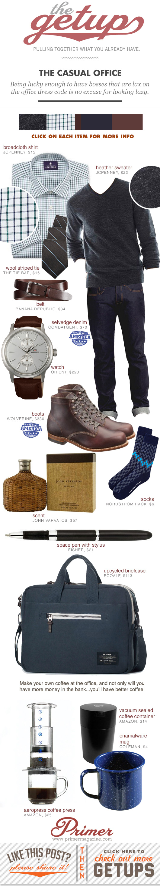 The Getup - Casual Office, gray sweater, button up shirt, blue jeans, and Wolverine boots