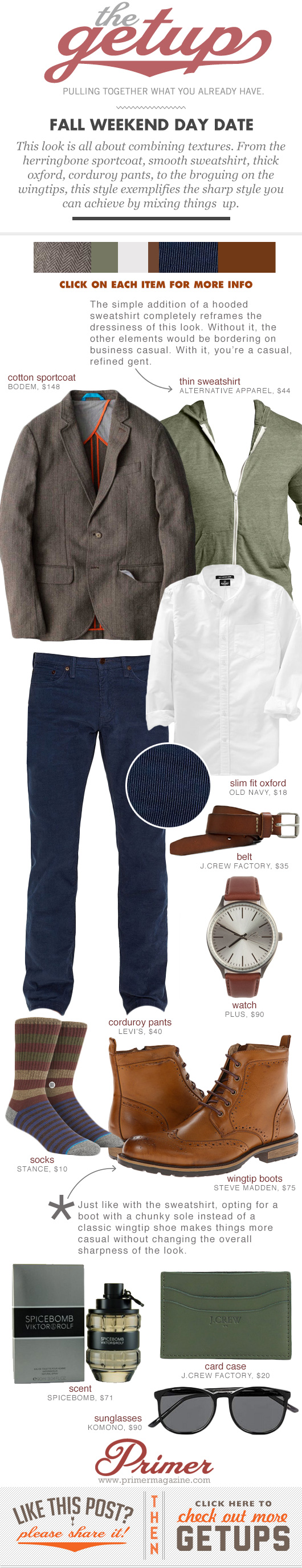 Getup - Fall Weekend Day Date, Blazer, button up shirt, blue corduroy pants