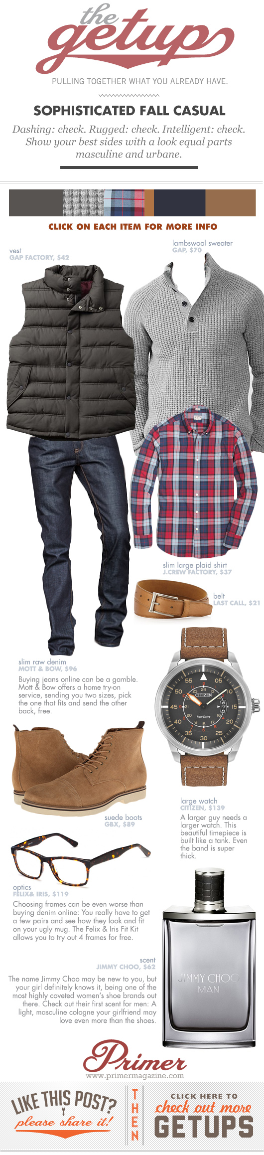 Getup Sophisticated Fall Casual - Sweater and vest with plaid shirt and jeans