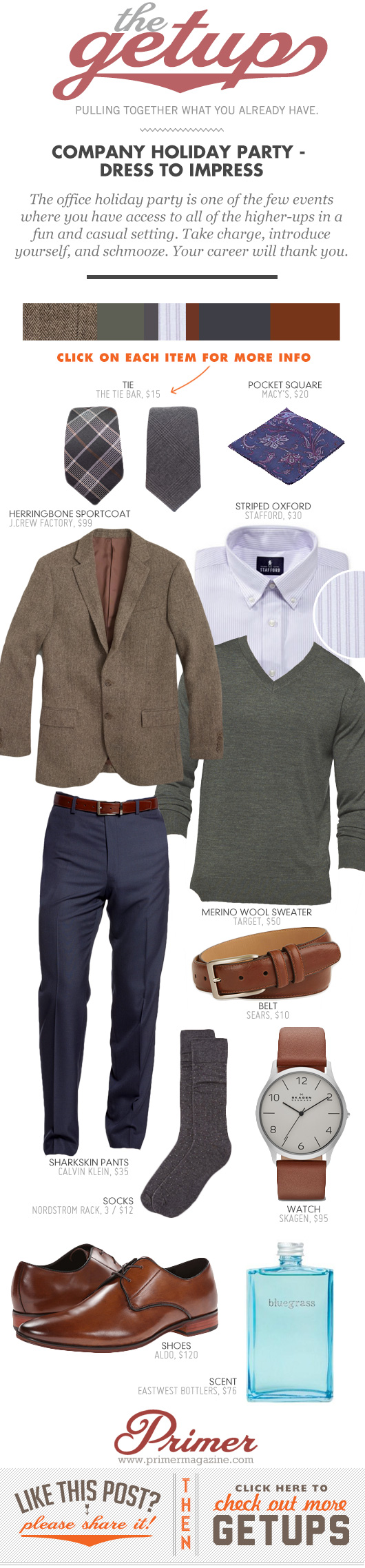 Getup - Holiday company party - brown blazer, green sweater, blue pants