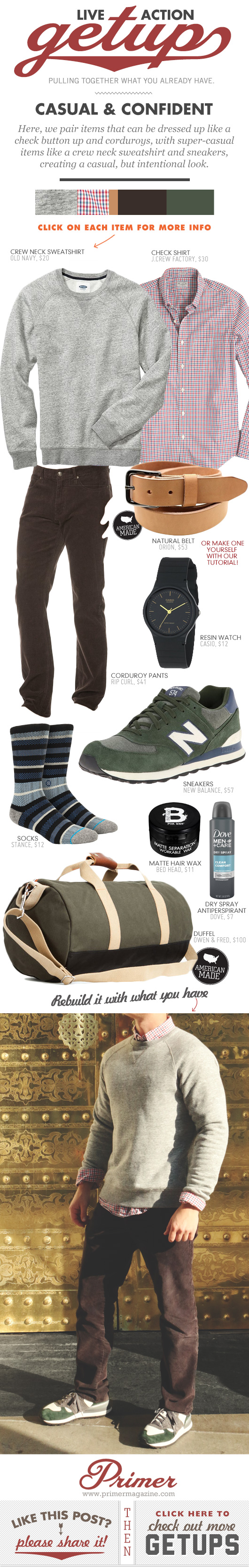 Getup Casual and Confident - gray sweatshirt, button up shirt, brown corduroys, green sneakers