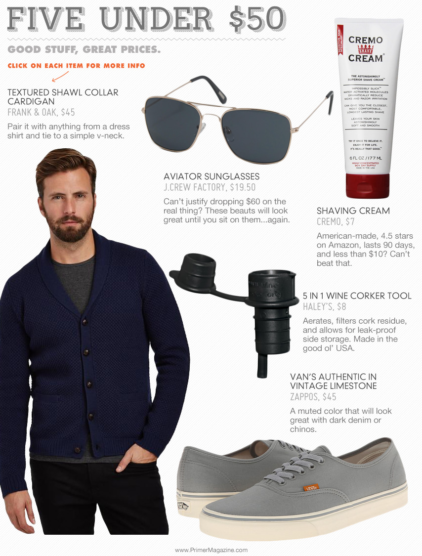 5 Under 50 - sunglasses, shaving cream, wine corker tool, sweater, sneakers