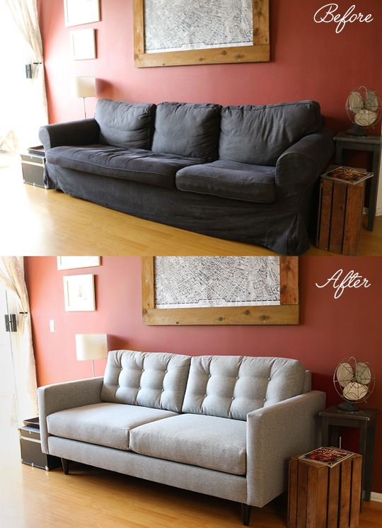 A living room before and after, black couch and gray couch