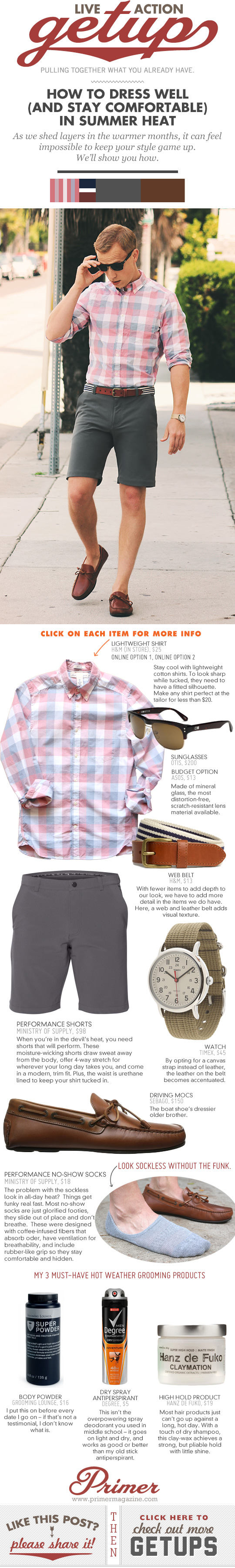 Getup - How to Dress Well in Summer - Pink check shirt, gray shorts, driving mocs