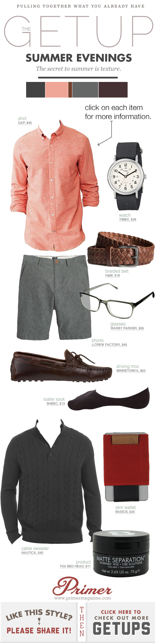 Getup Summer Evenings - Salmon shirt, gray shorts, brown leather loafers with glasses