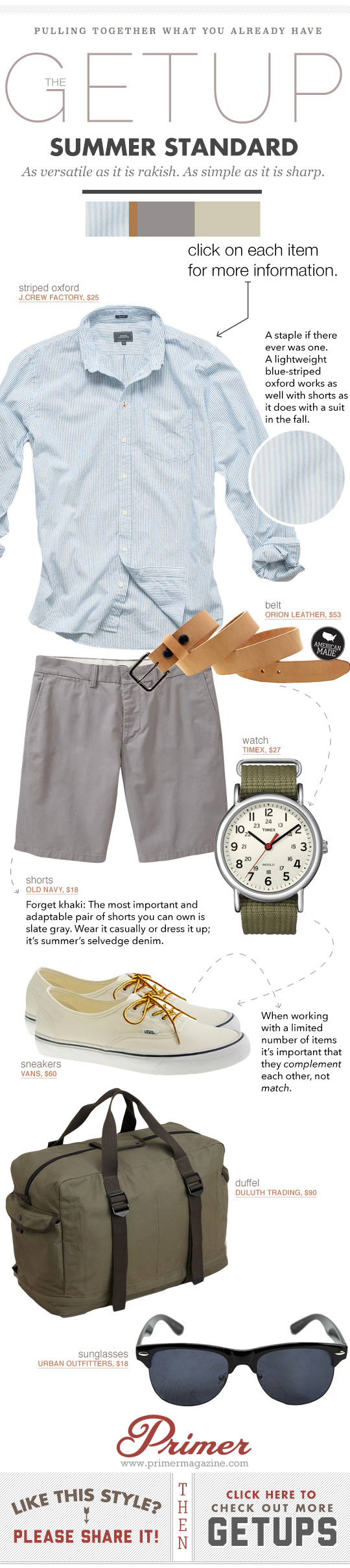 Getup Summer Standard - Blue button up shirt, gray shorts, tan belt, green watch, vans sneakers