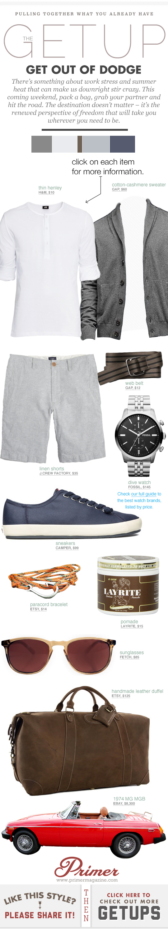 Get Out of Dodge Getup with gray sweater, white henley, linen shorts, and blue sneakers