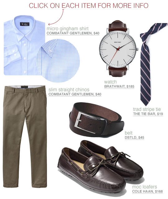 Dressed up look with blue shirt, olive chinos, and loafers