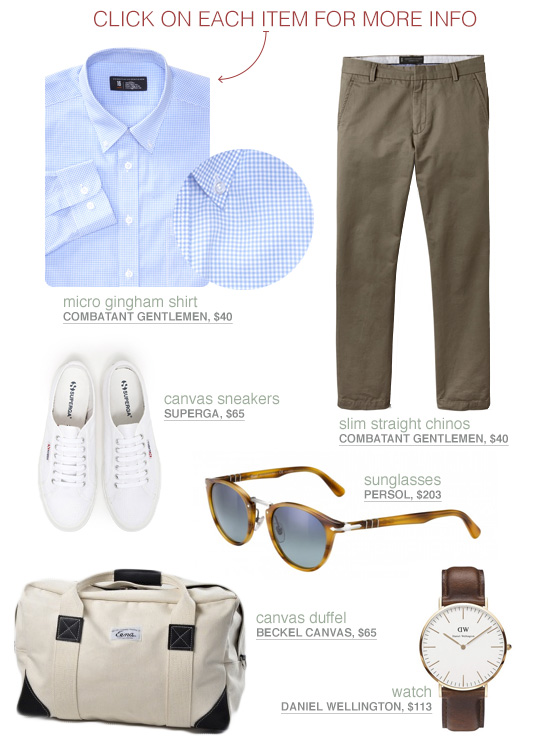 Casual outfit with blue check shirt, olive pants, white sneakers