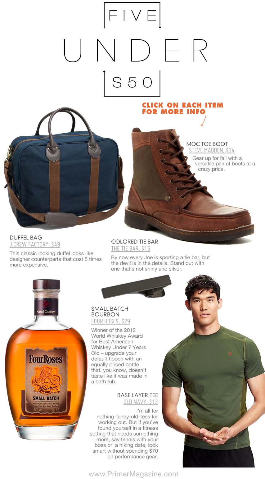 5 Under 50 with briefcase, boots, Four Roses Bourbon, Tie Bar, and workout shirt