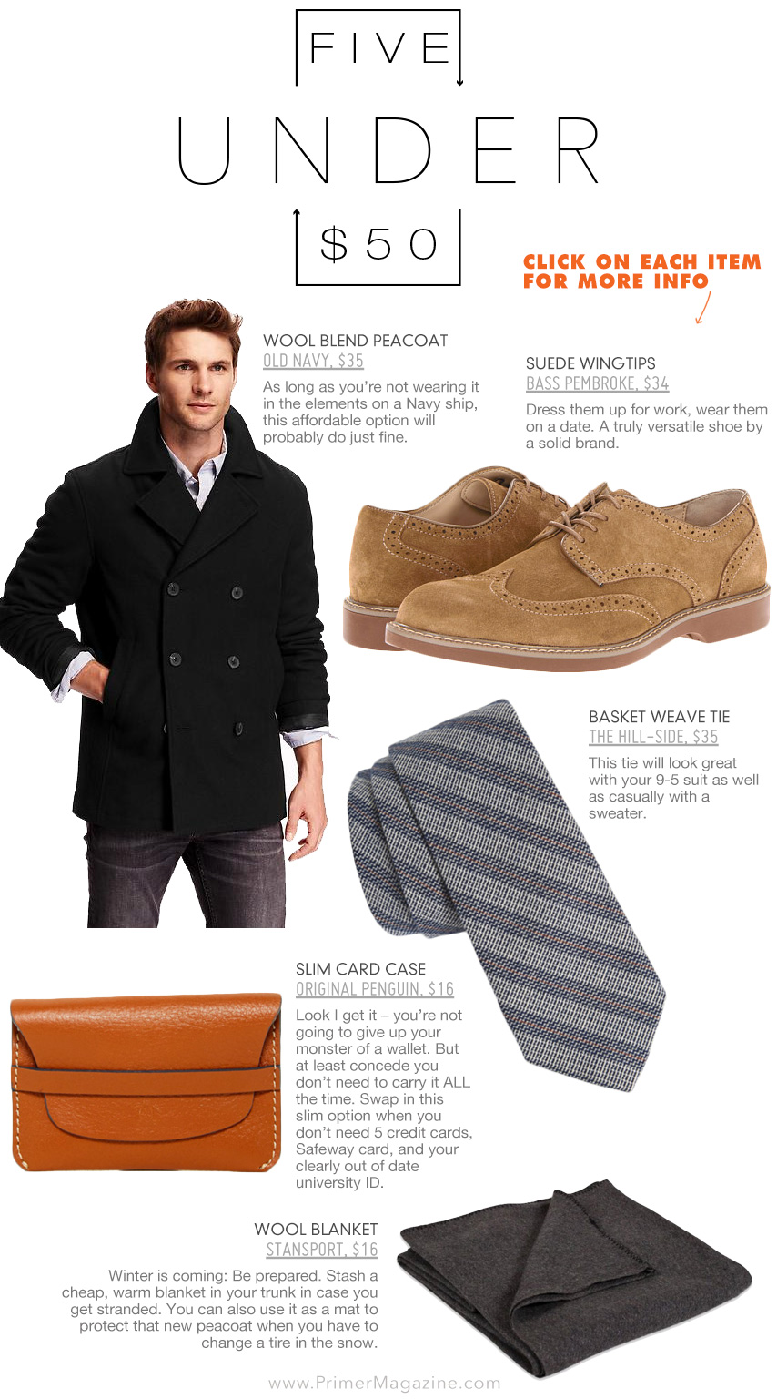 5 Under 50 - peacoat, suede shoes, striped tie, wallet