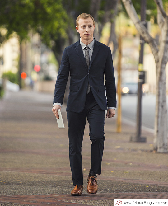 Navy blue suit gray tie brown shoes