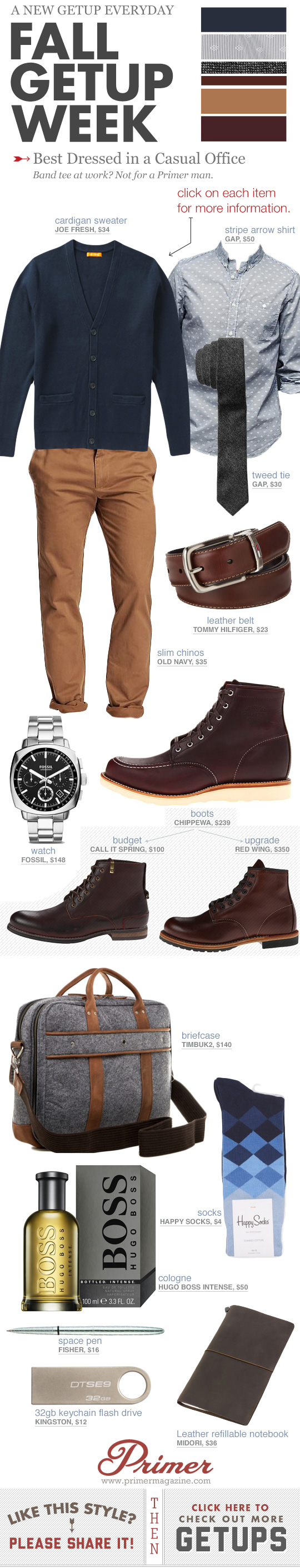 Casual Office Fall Getup Week - Cardigan, dress shirt, khaki pants, moc toe boots