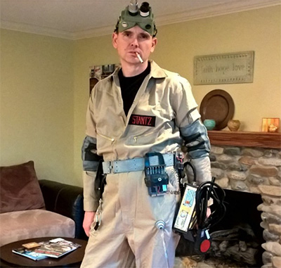 A man wearing a DIY Ghostbusters costume