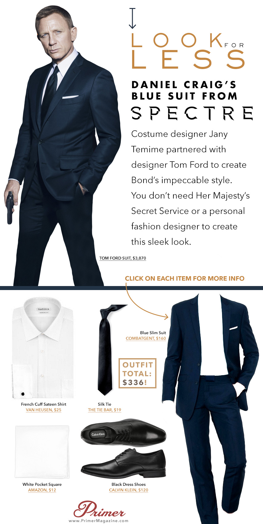 Daniel Craig wearing a navy suit and tie in spectre with affordable alternatives