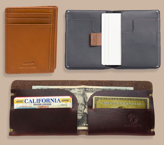 A variety of wallets on a table