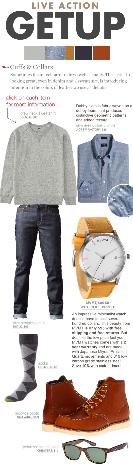 Getup outfit inspiration - gray sweatshirt, blue shirt, jeans, tan watch