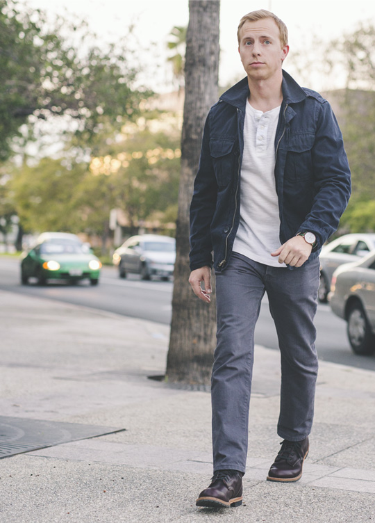 Casual Fall Men's Style   M65, Henley, Gray Denim, Red Wings