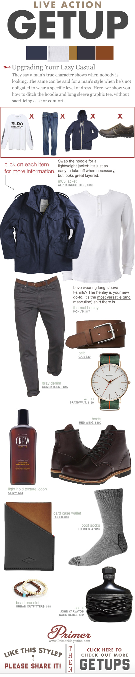 Getup - Upgrading Lazy Casual - with Blue military jacket, henley, and gray jeans