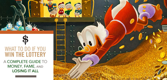 Scrooge jumping into gold coins while boys watch on